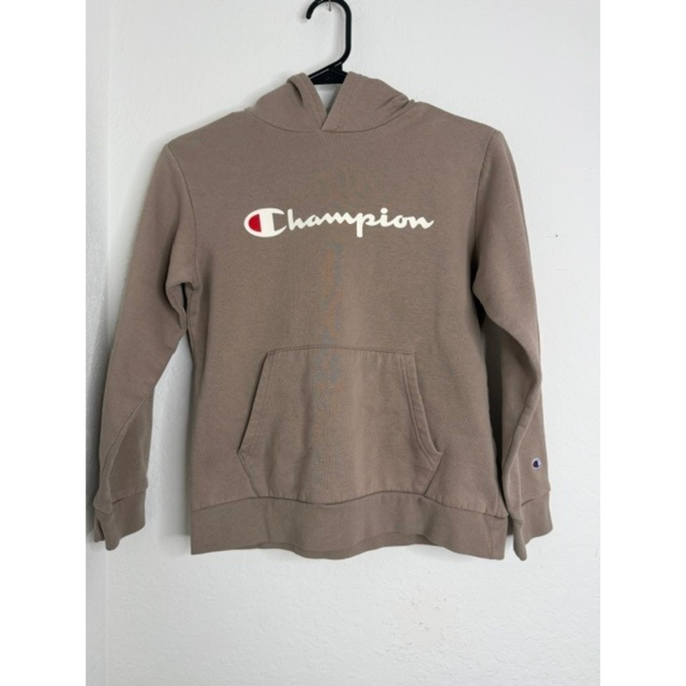 Champion Kids Brown Script Logo Hoodie Sweatshirt Size M 10/12 Taupe Fleece